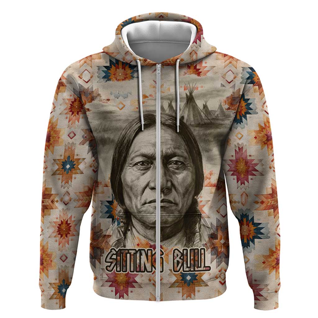 Sitting Bull Portrait Zip Hoodie Native American Tipi with Feathers and Spears Indigenous Pride - Wonder Print Shop