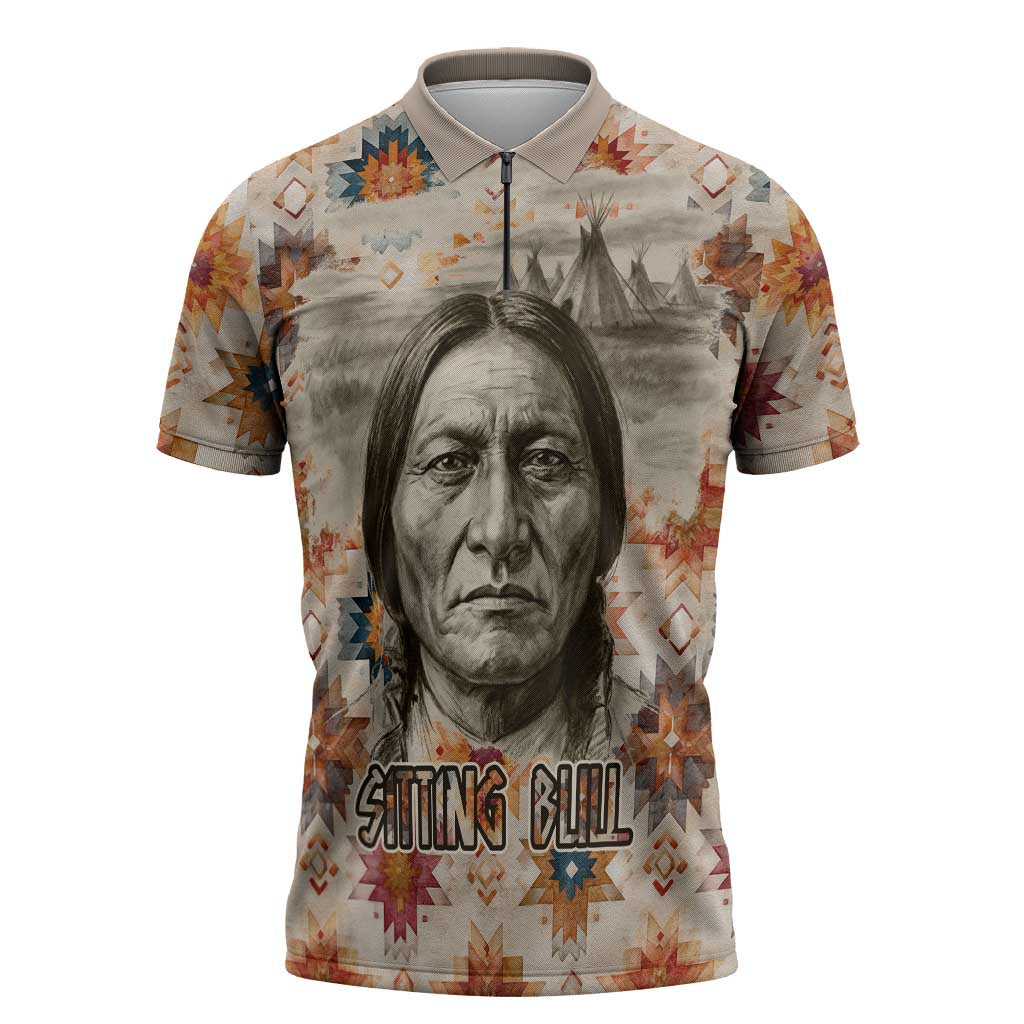 Sitting Bull Portrait Zipper Polo Shirt Native American Tipi with Feathers and Spears Indigenous Pride - Wonder Print Shop