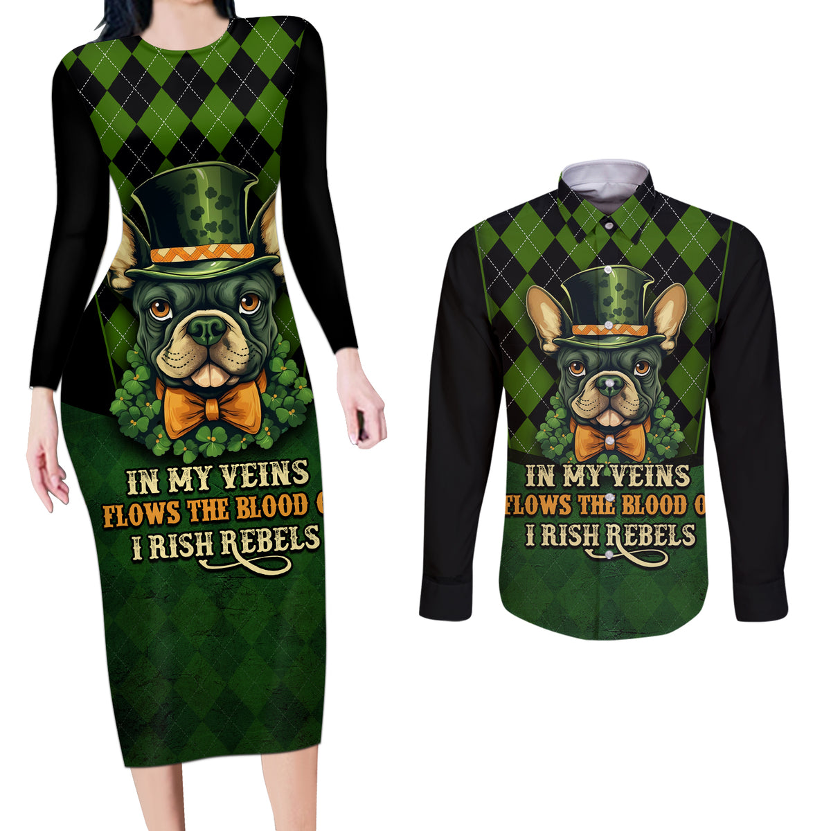 In My Veins Flows The Blood Of Irish Rebels Couples Matching Long Sleeve Bodycon Dress and Long Sleeve Button Shirt - Wonder Print Shop