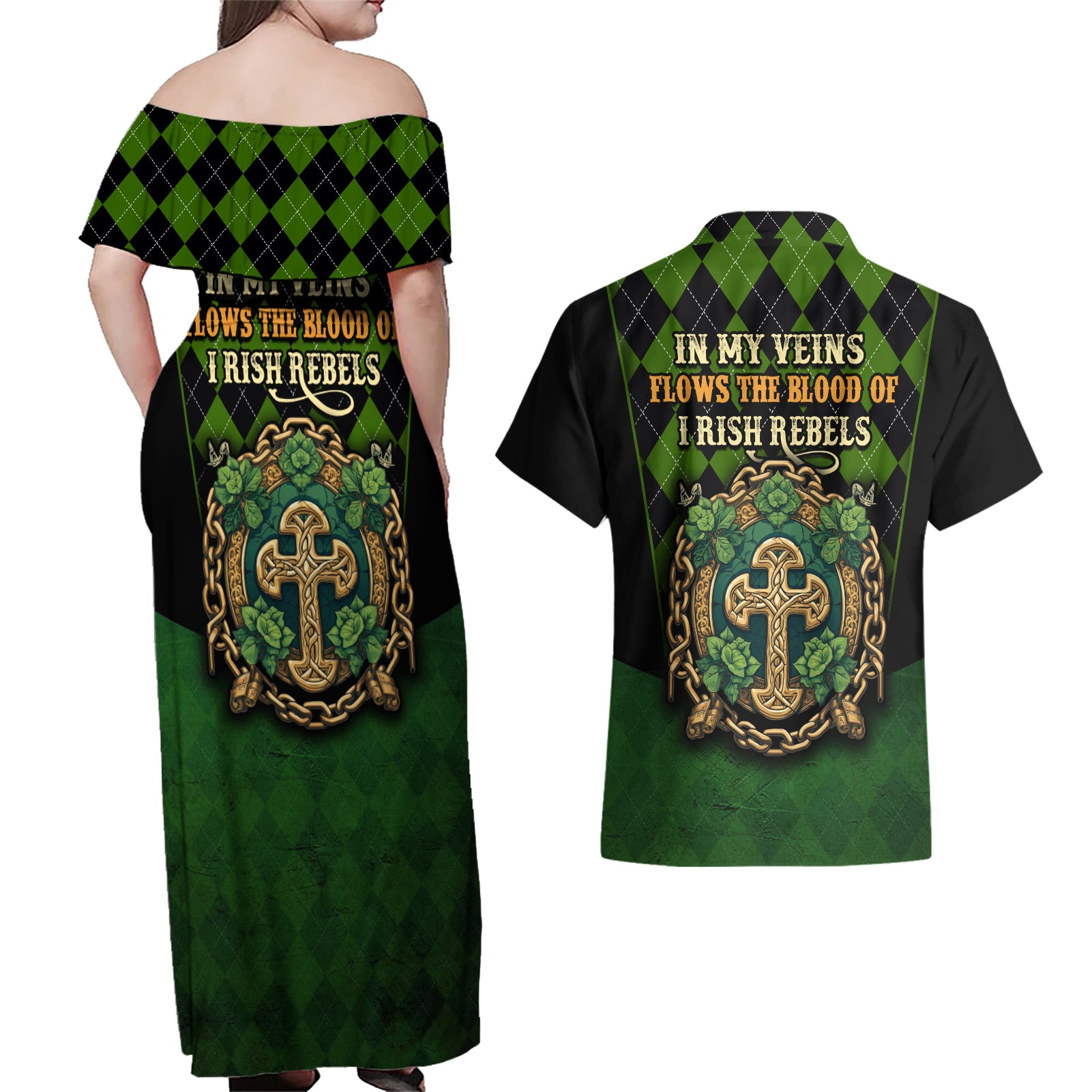 In My Veins Flows The Blood Of Irish Rebels Couples Matching Off Shoulder Maxi Dress and Hawaiian Shirt - Wonder Print Shop