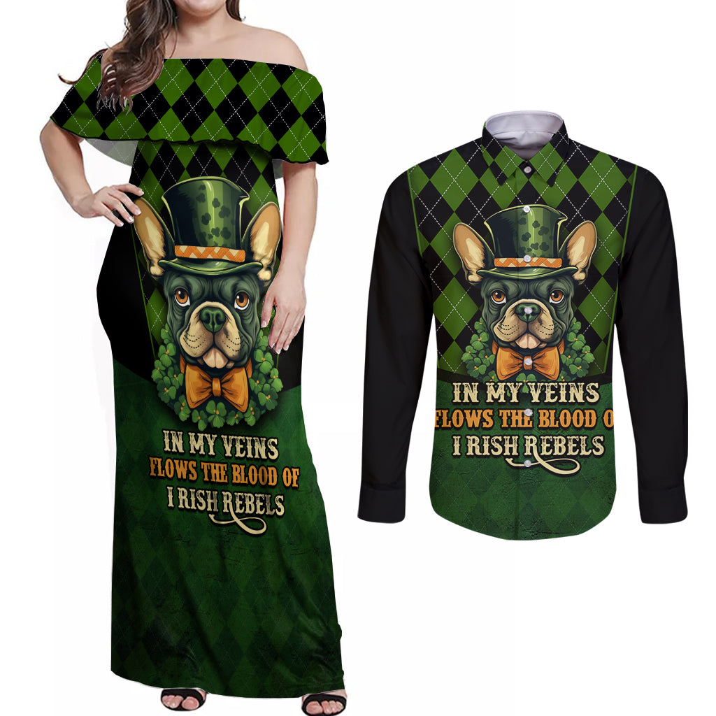 In My Veins Flows The Blood Of Irish Rebels Couples Matching Off Shoulder Maxi Dress and Long Sleeve Button Shirt - Wonder Print Shop