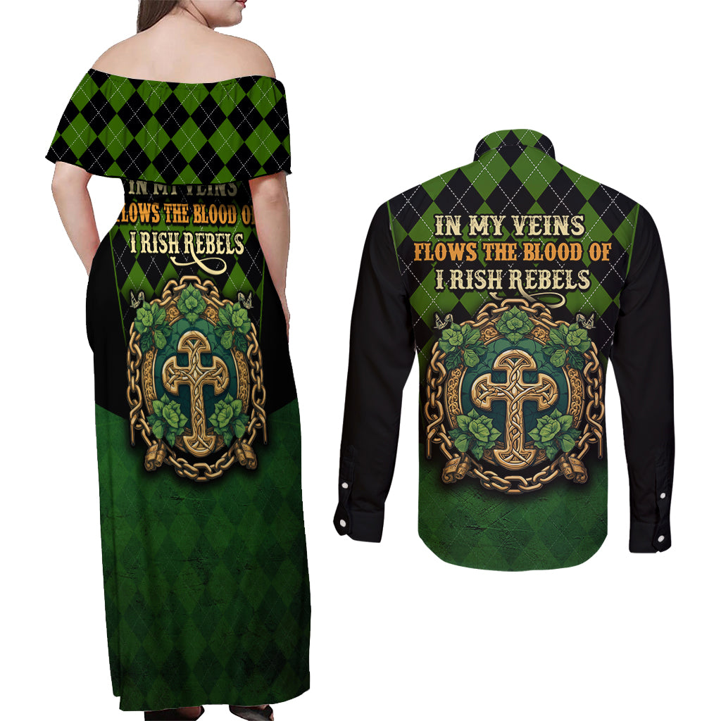 In My Veins Flows The Blood Of Irish Rebels Couples Matching Off Shoulder Maxi Dress and Long Sleeve Button Shirt - Wonder Print Shop
