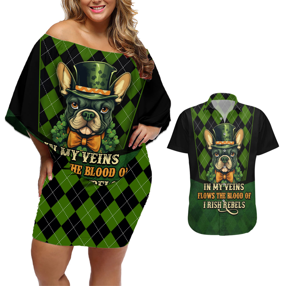 In My Veins Flows The Blood Of Irish Rebels Couples Matching Off Shoulder Short Dress and Hawaiian Shirt - Wonder Print Shop