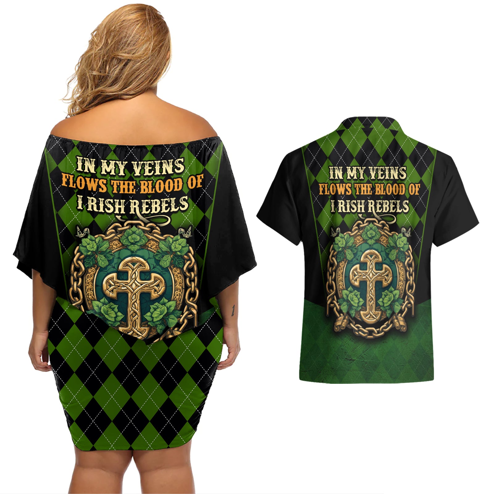 In My Veins Flows The Blood Of Irish Rebels Couples Matching Off Shoulder Short Dress and Hawaiian Shirt - Wonder Print Shop