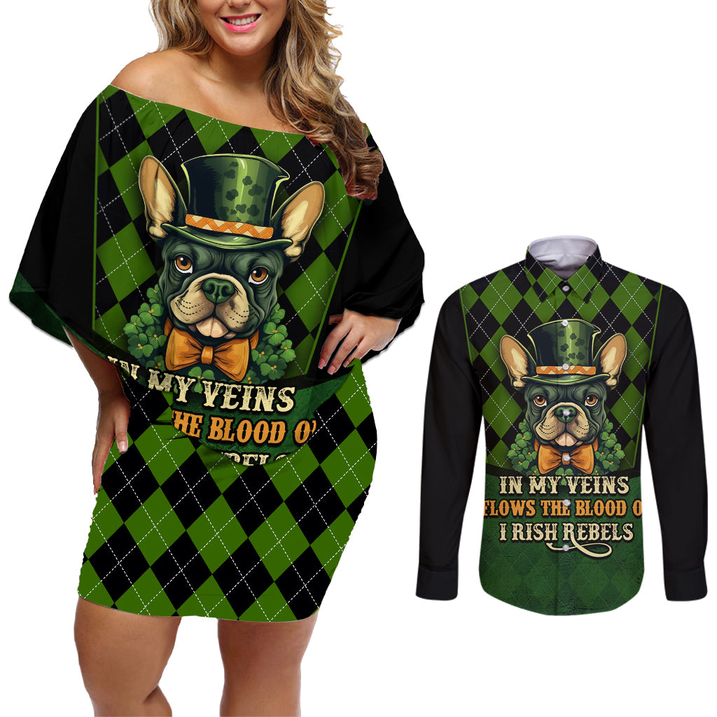 In My Veins Flows The Blood Of Irish Rebels Couples Matching Off Shoulder Short Dress and Long Sleeve Button Shirt - Wonder Print Shop