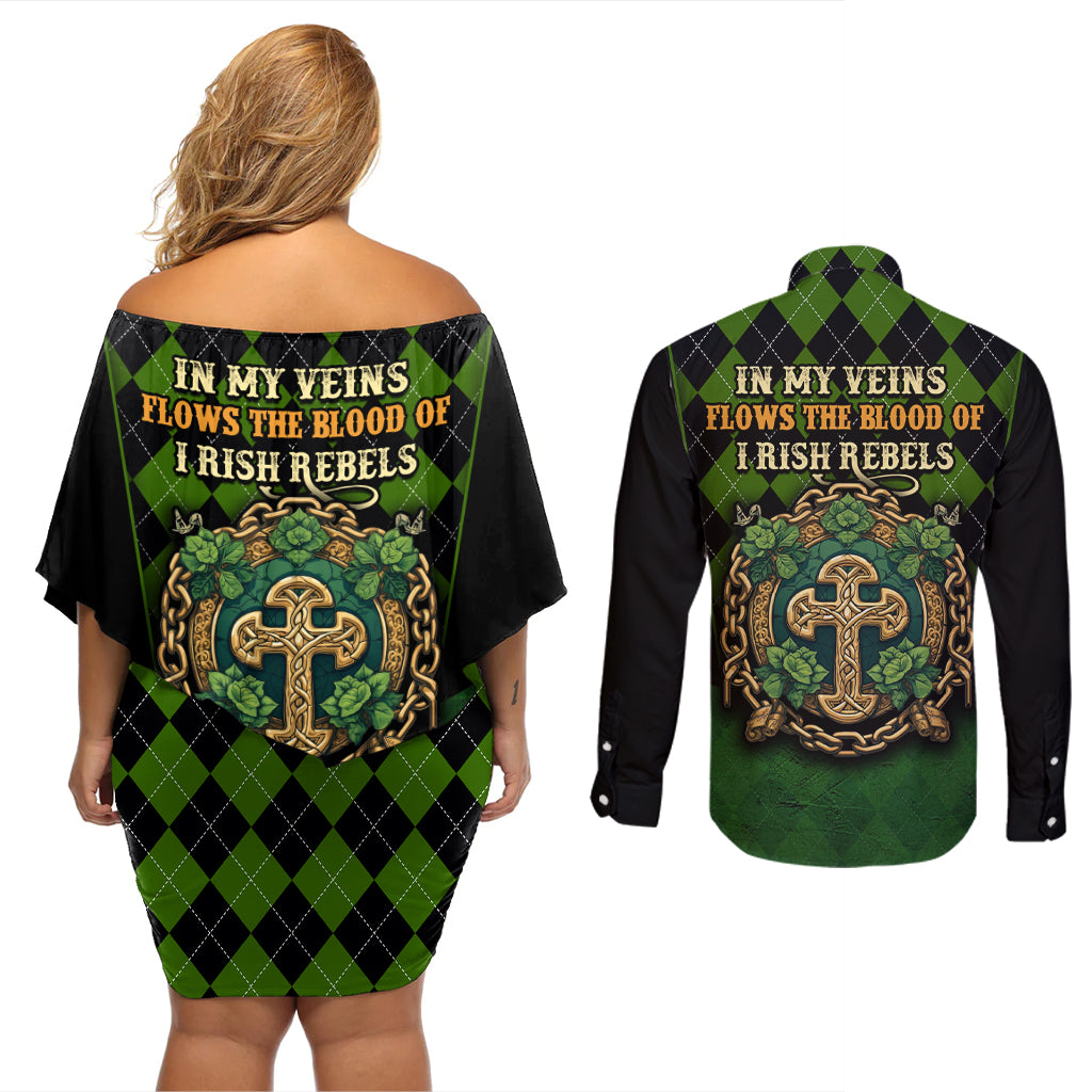 In My Veins Flows The Blood Of Irish Rebels Couples Matching Off Shoulder Short Dress and Long Sleeve Button Shirt - Wonder Print Shop
