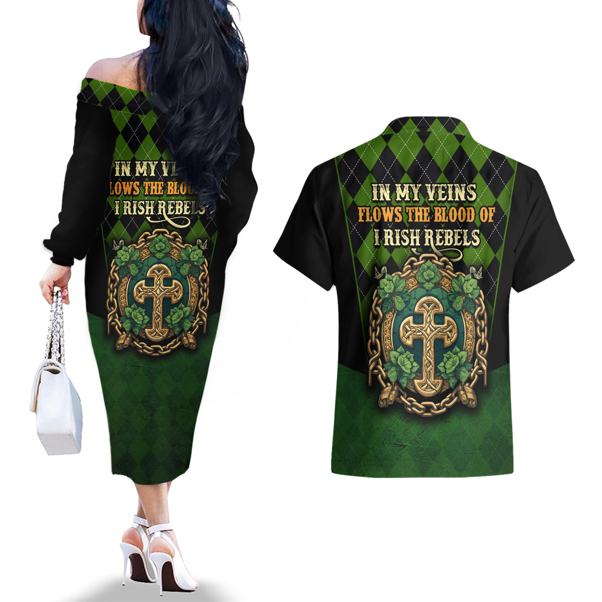 In My Veins Flows The Blood Of Irish Rebels Couples Matching Off The Shoulder Long Sleeve Dress and Hawaiian Shirt - Wonder Print Shop