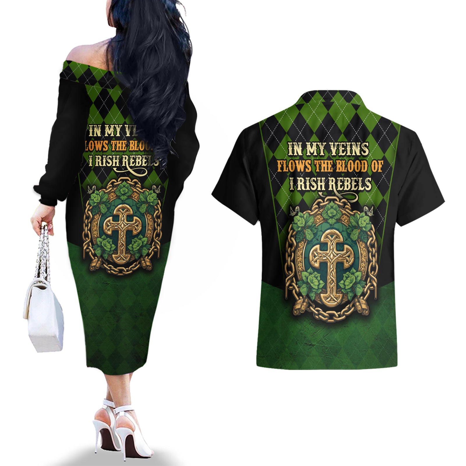 In My Veins Flows The Blood Of Irish Rebels Couples Matching Off The Shoulder Long Sleeve Dress and Hawaiian Shirt - Wonder Print Shop