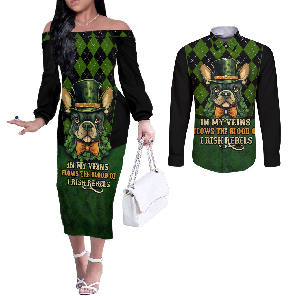 In My Veins Flows The Blood Of Irish Rebels Couples Matching Off The Shoulder Long Sleeve Dress and Long Sleeve Button Shirt
