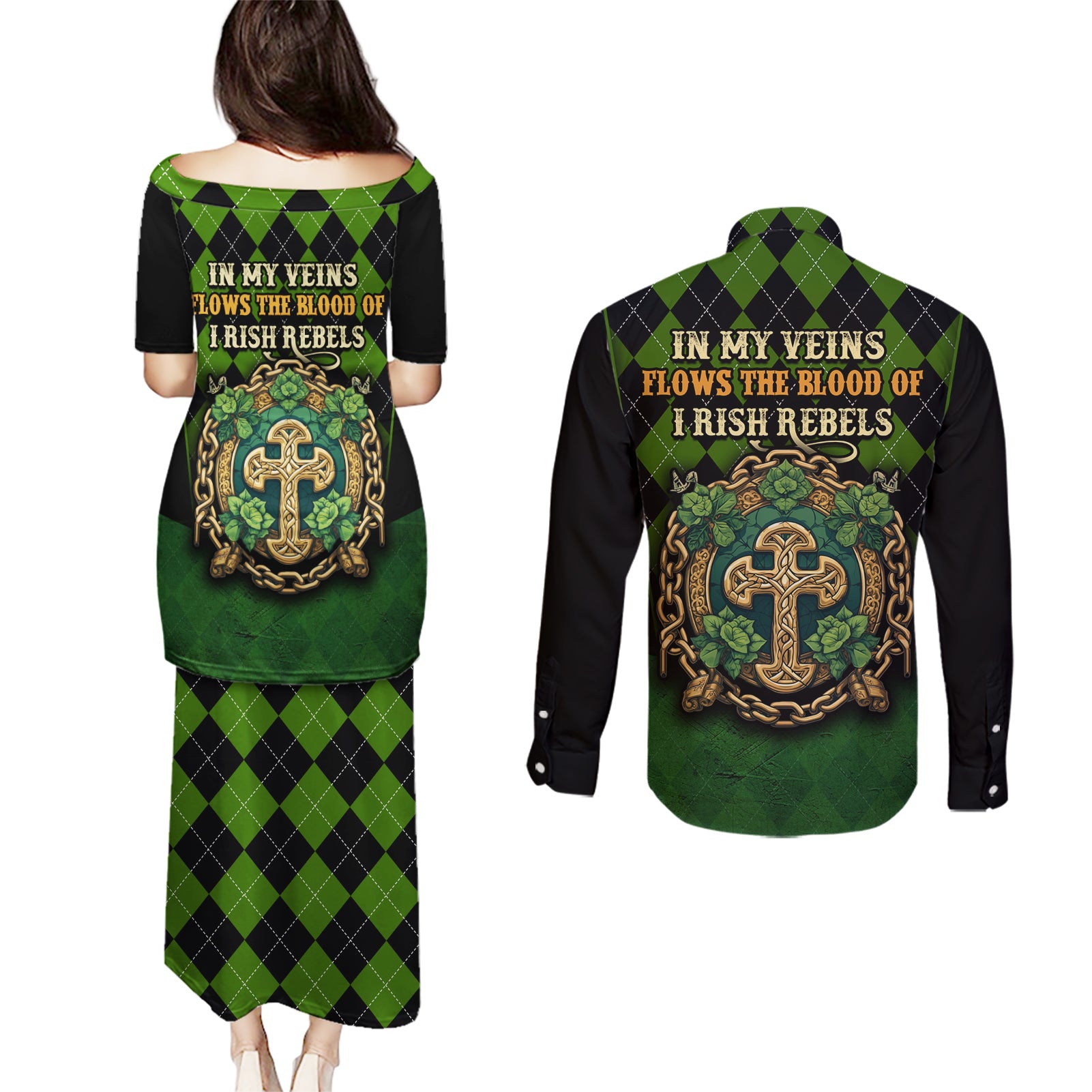 In My Veins Flows The Blood Of Irish Rebels Couples Matching Puletasi and Long Sleeve Button Shirt - Wonder Print Shop