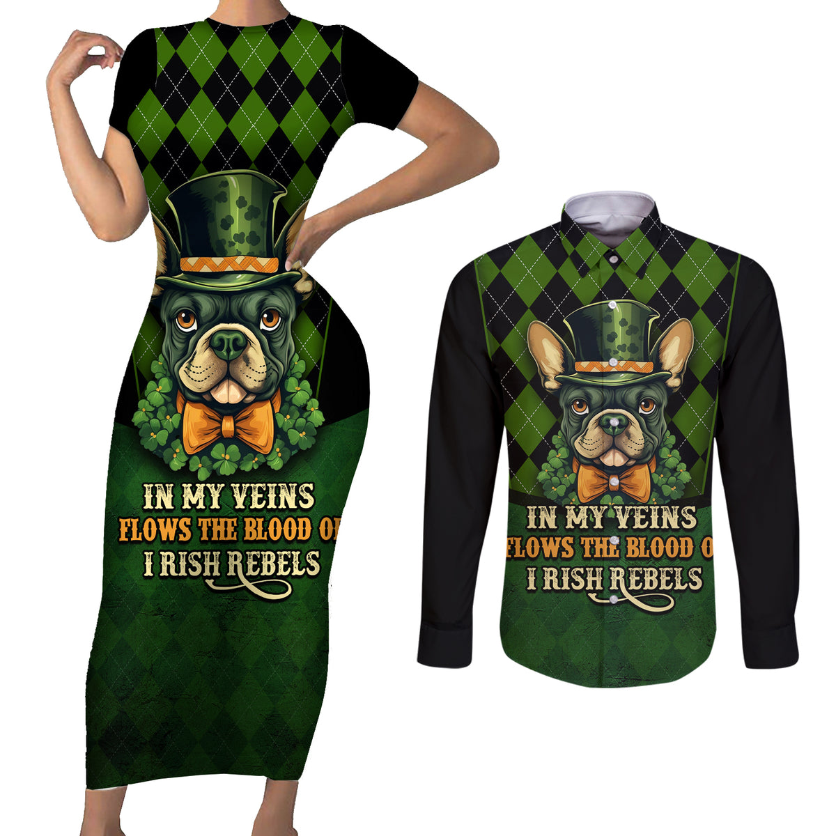 In My Veins Flows The Blood Of Irish Rebels Couples Matching Short Sleeve Bodycon Dress and Long Sleeve Button Shirt - Wonder Print Shop