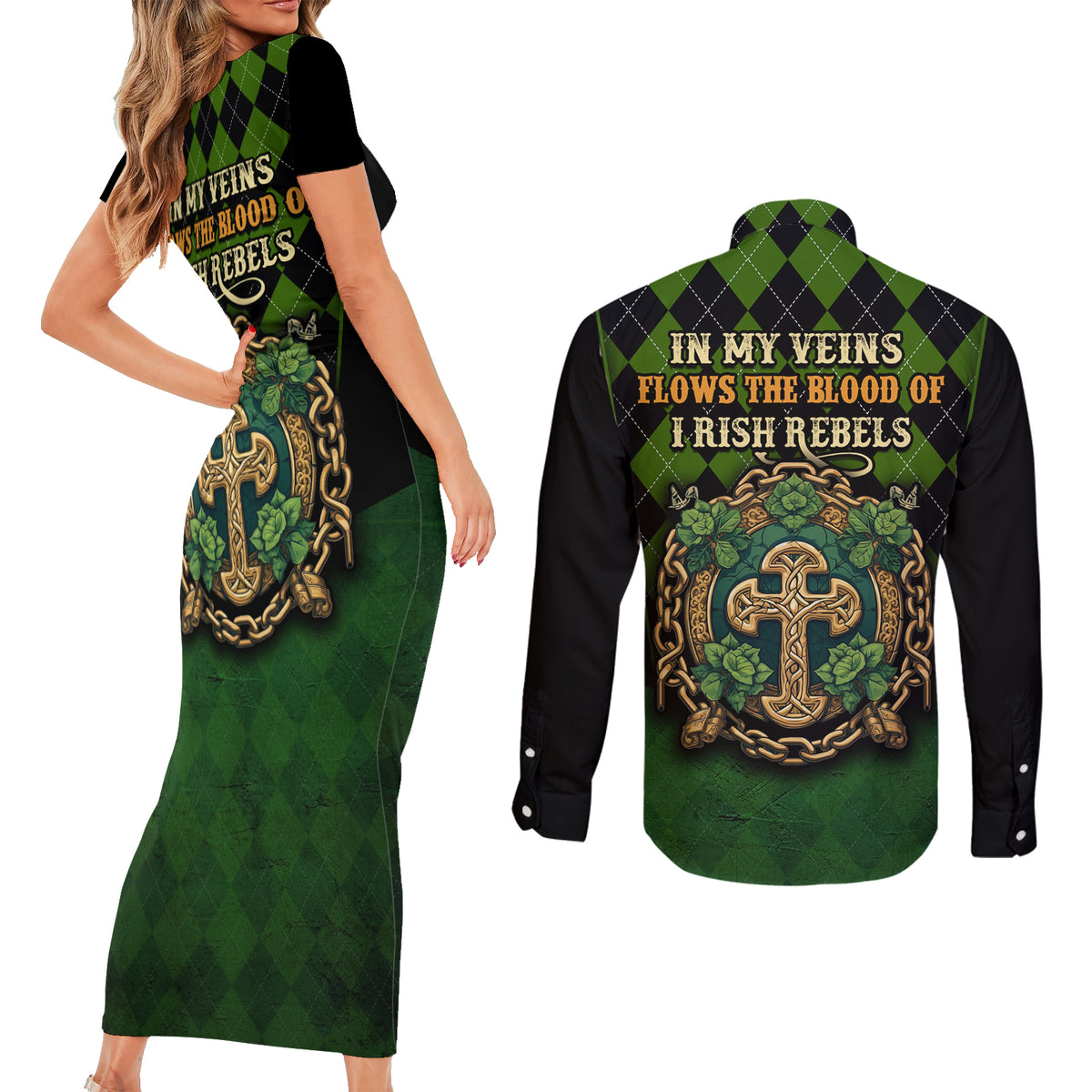 In My Veins Flows The Blood Of Irish Rebels Couples Matching Short Sleeve Bodycon Dress and Long Sleeve Button Shirt - Wonder Print Shop
