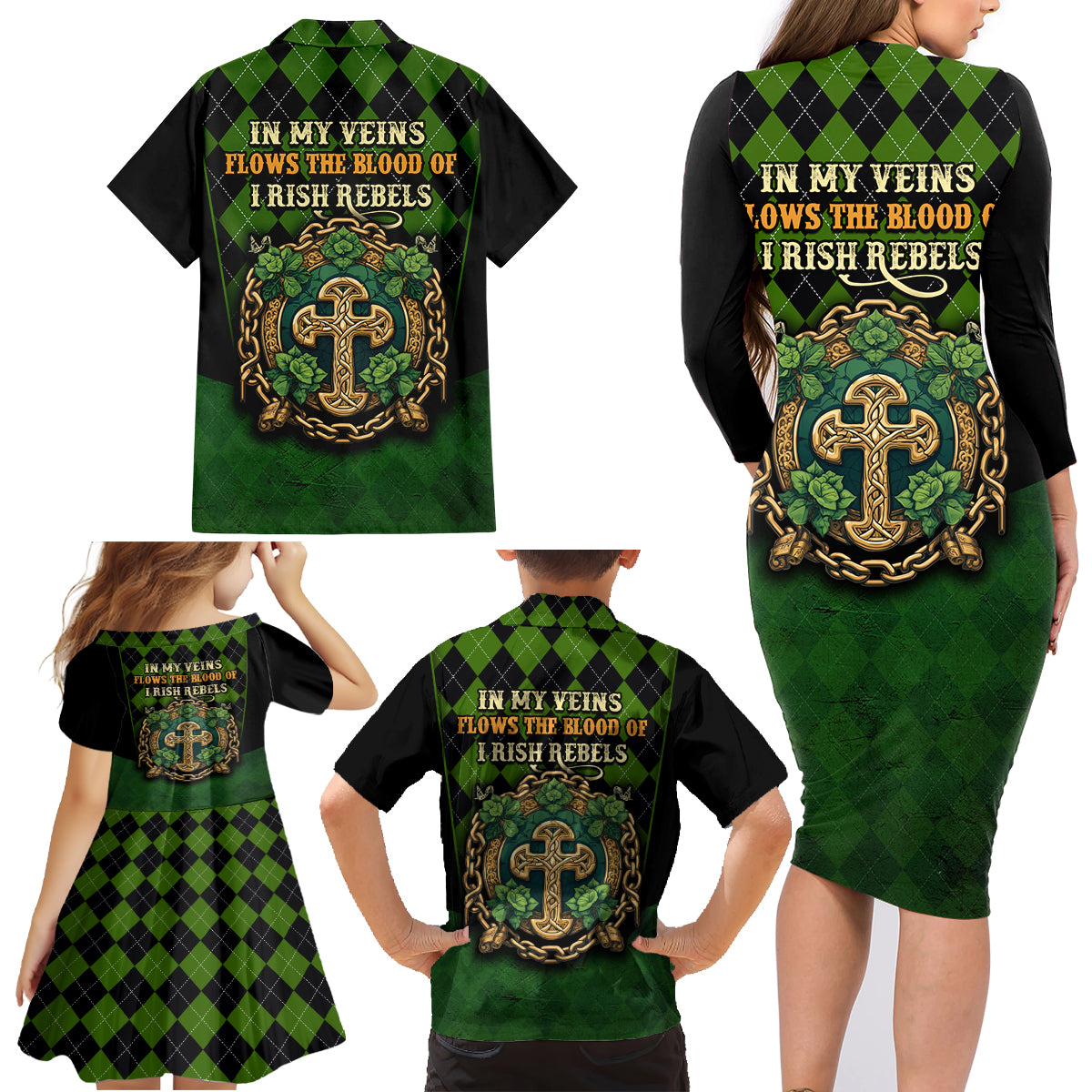 In My Veins Flows The Blood Of Irish Rebels Family Matching Long Sleeve Bodycon Dress and Hawaiian Shirt - Wonder Print Shop