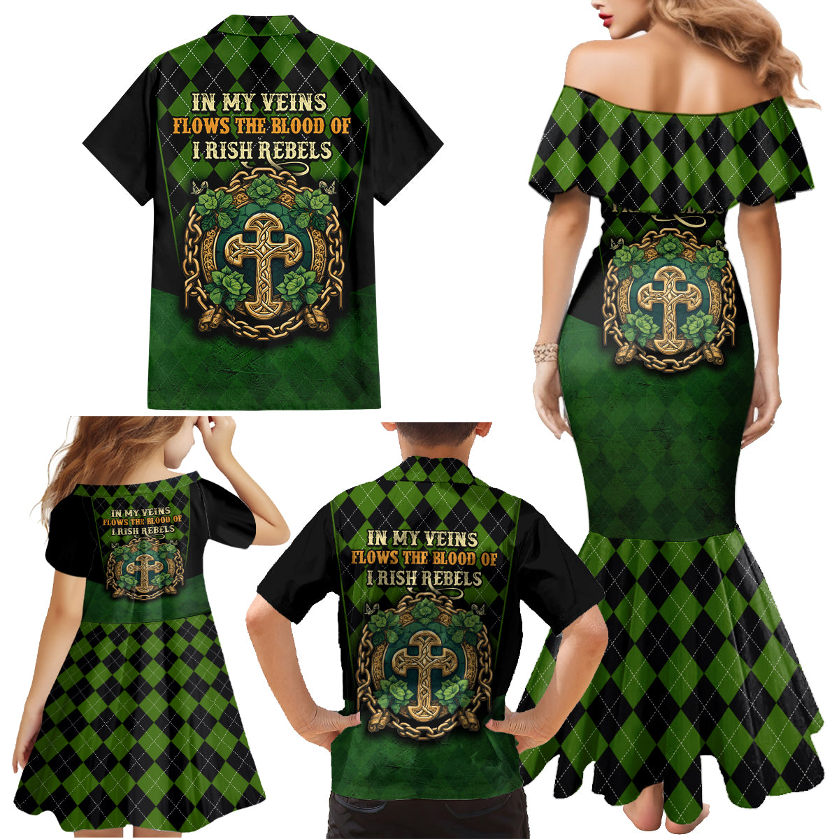 In My Veins Flows The Blood Of Irish Rebels Family Matching Mermaid Dress and Hawaiian Shirt - Wonder Print Shop