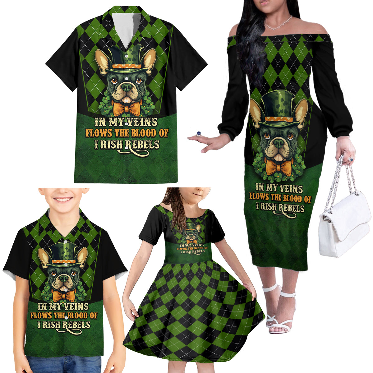 In My Veins Flows The Blood Of Irish Rebels Family Matching Off Shoulder Long Sleeve Dress and Hawaiian Shirt - Wonder Print Shop