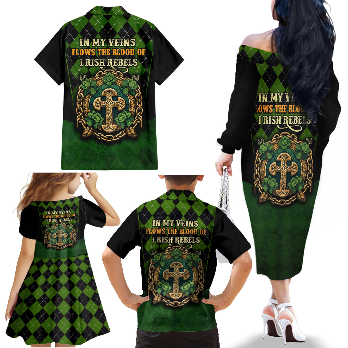 In My Veins Flows The Blood Of Irish Rebels Family Matching Off Shoulder Long Sleeve Dress and Hawaiian Shirt - Wonder Print Shop