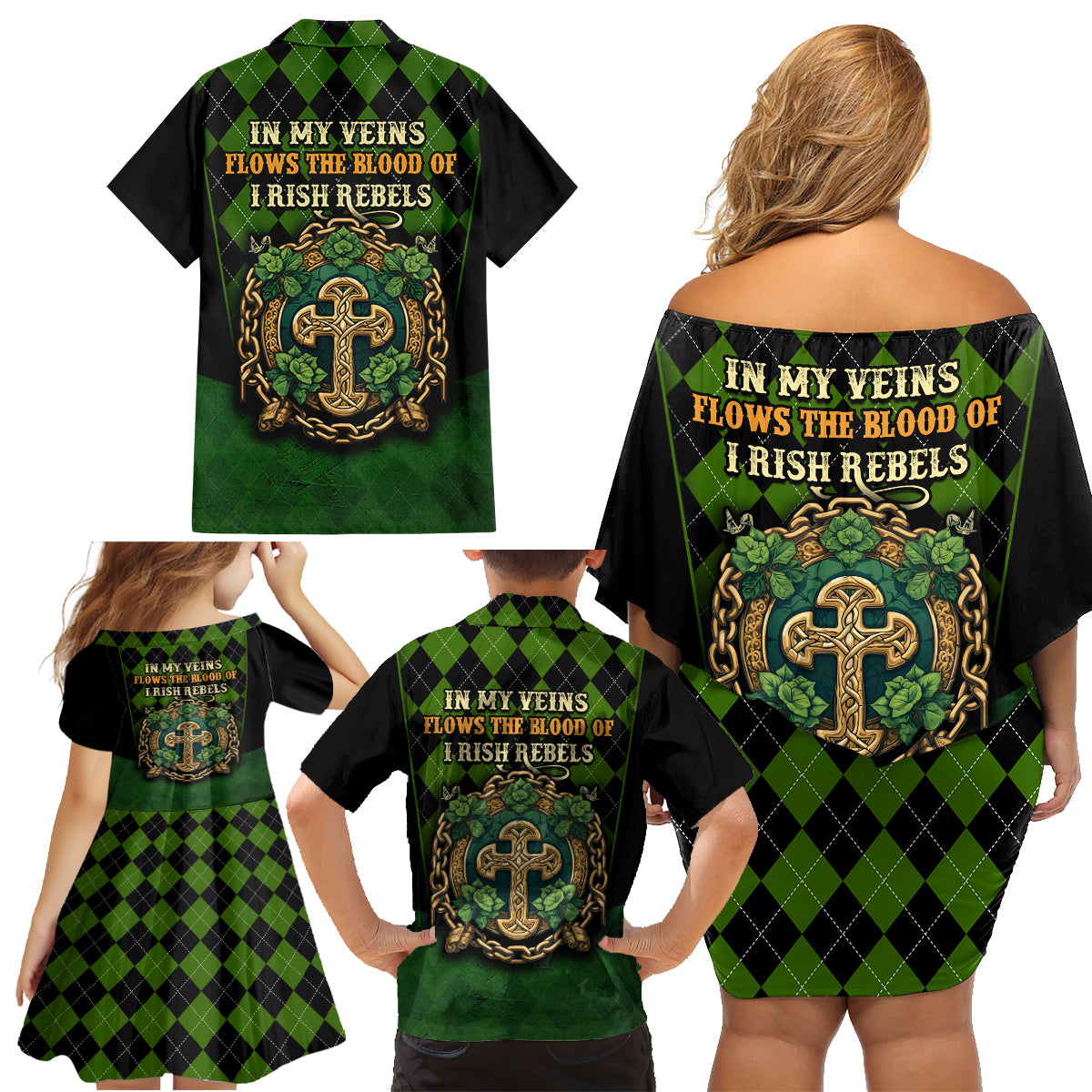 In My Veins Flows The Blood Of Irish Rebels Family Matching Off Shoulder Short Dress and Hawaiian Shirt - Wonder Print Shop