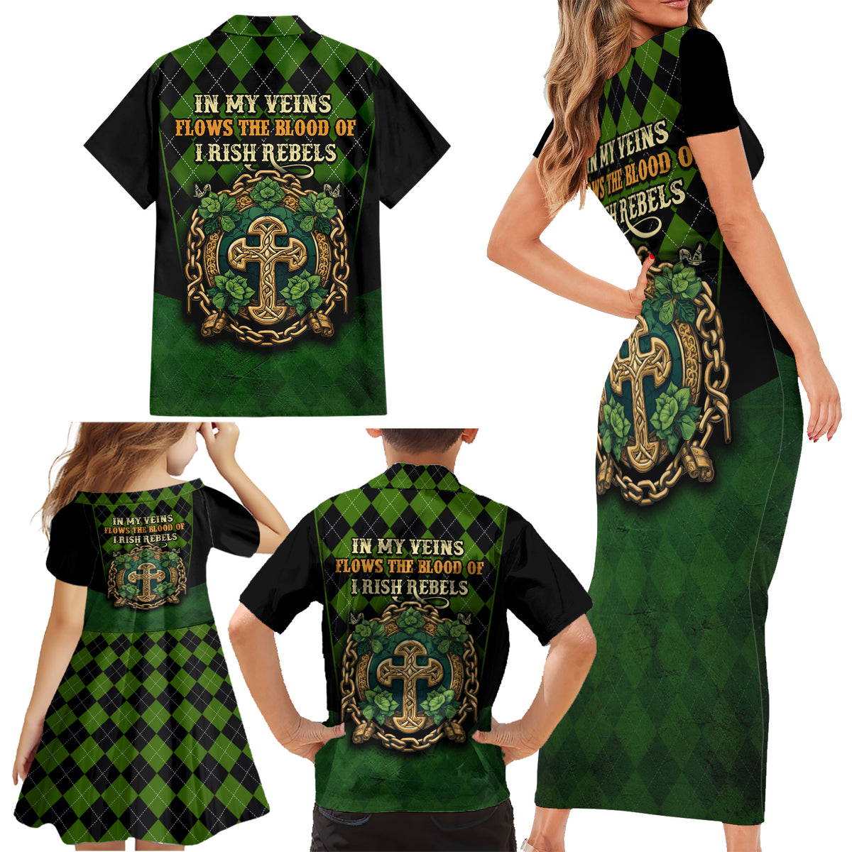 In My Veins Flows The Blood Of Irish Rebels Family Matching Short Sleeve Bodycon Dress and Hawaiian Shirt - Wonder Print Shop