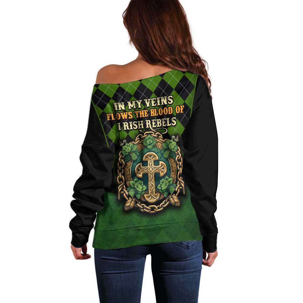 In My Veins Flows The Blood Of Irish Rebels Off Shoulder Sweater - Wonder Print Shop