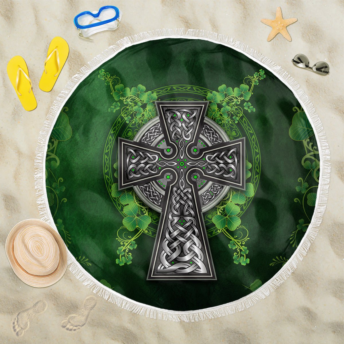 Irish Cross Mix With Shamrock Floral Beach Blanket - Wonder Print Shop
