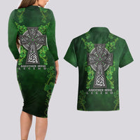 Irish Cross Mix With Shamrock Floral Couples Matching Long Sleeve Bodycon Dress and Hawaiian Shirt - Wonder Print Shop