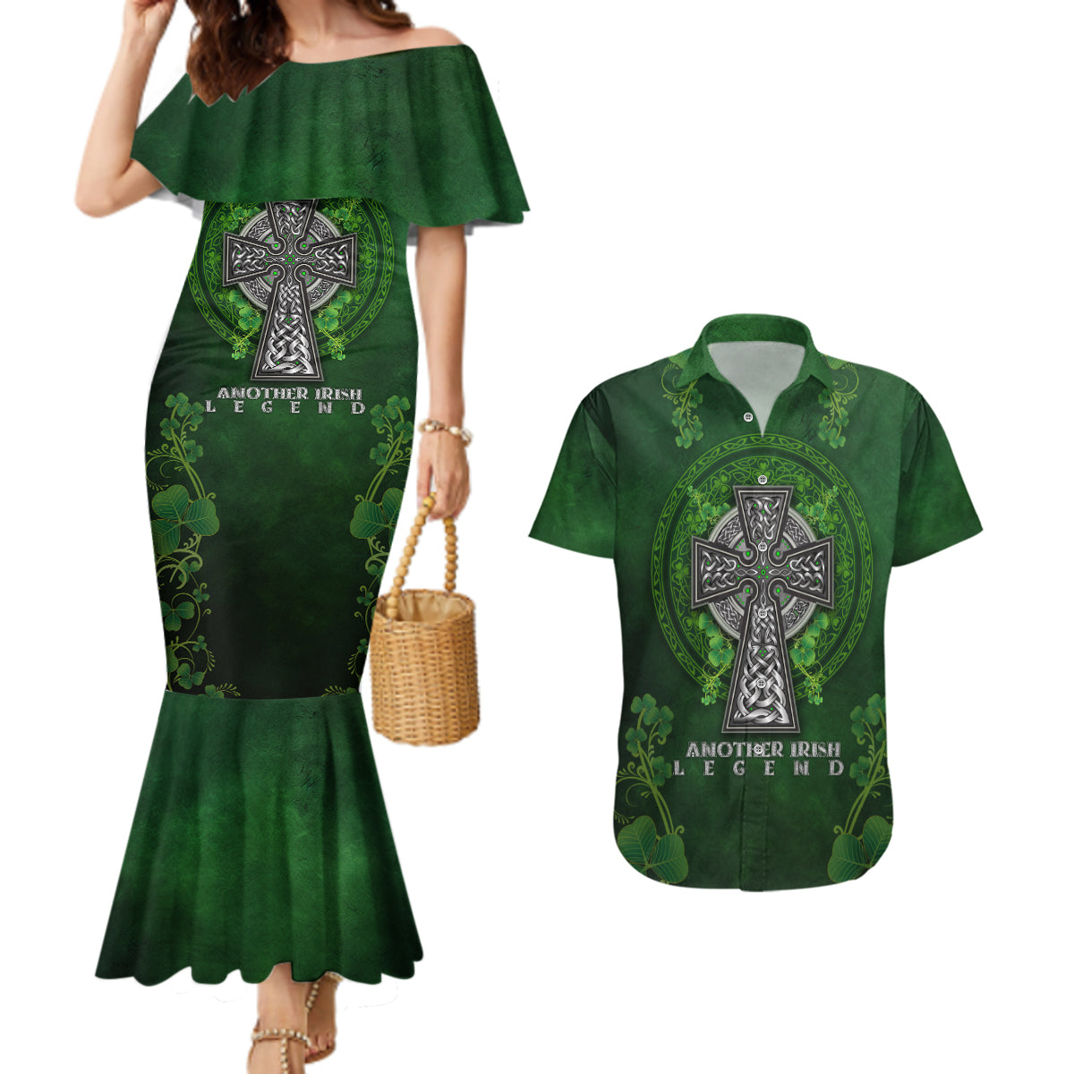 Irish Cross Mix With Shamrock Floral Couples Matching Mermaid Dress and Hawaiian Shirt - Wonder Print Shop