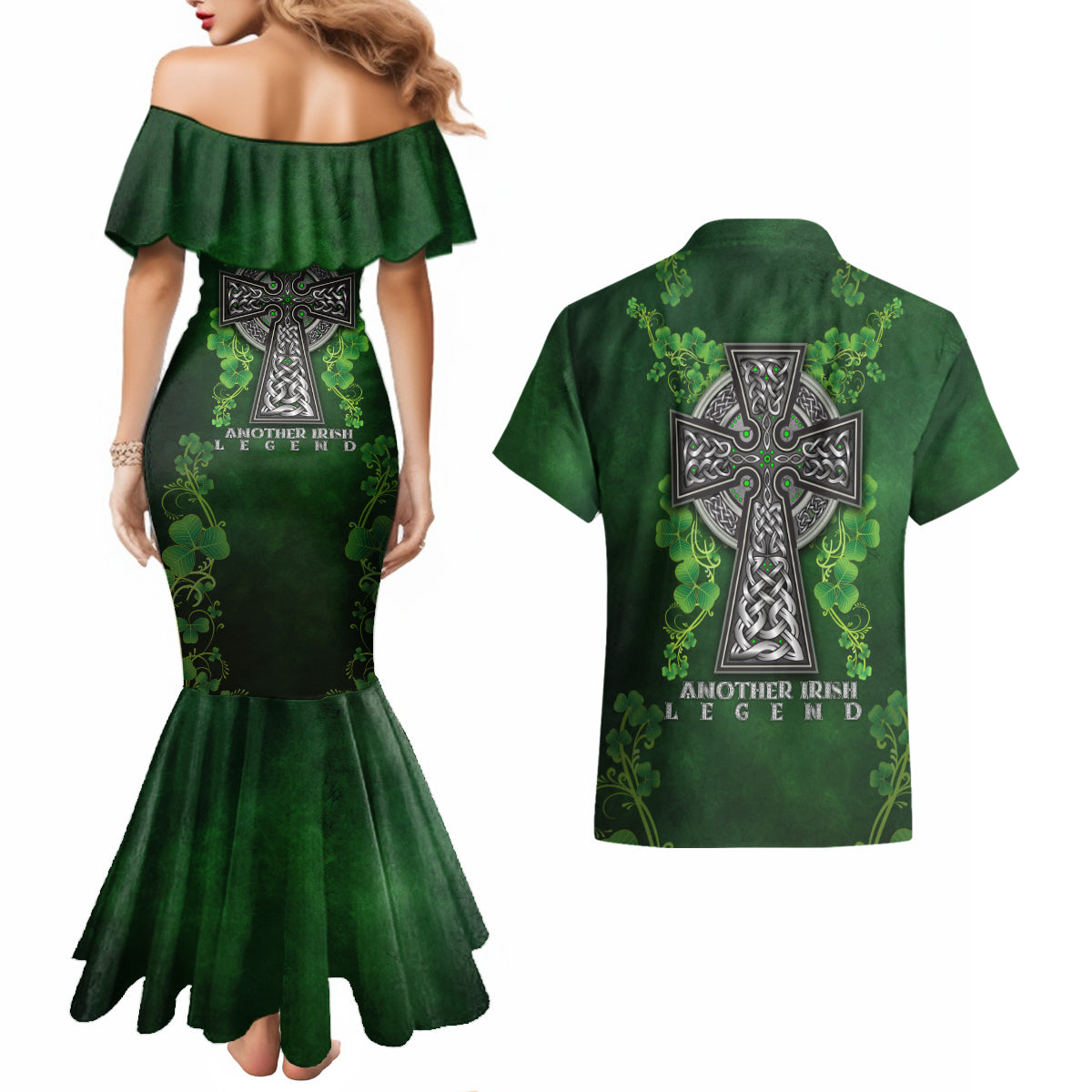 Irish Cross Mix With Shamrock Floral Couples Matching Mermaid Dress and Hawaiian Shirt - Wonder Print Shop