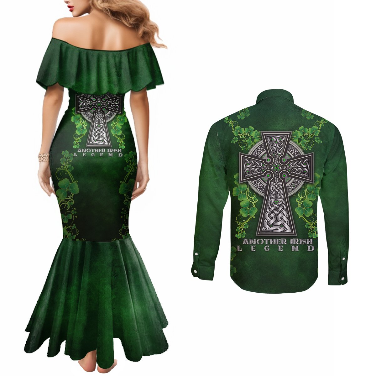 Irish Cross Mix With Shamrock Floral Couples Matching Mermaid Dress and Long Sleeve Button Shirt