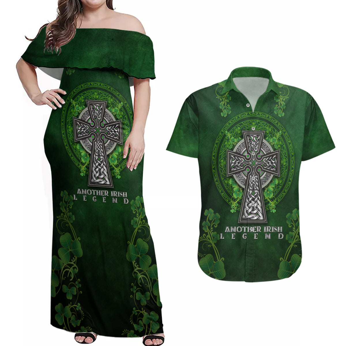 Irish Cross Mix With Shamrock Floral Couples Matching Off Shoulder Maxi Dress and Hawaiian Shirt - Wonder Print Shop