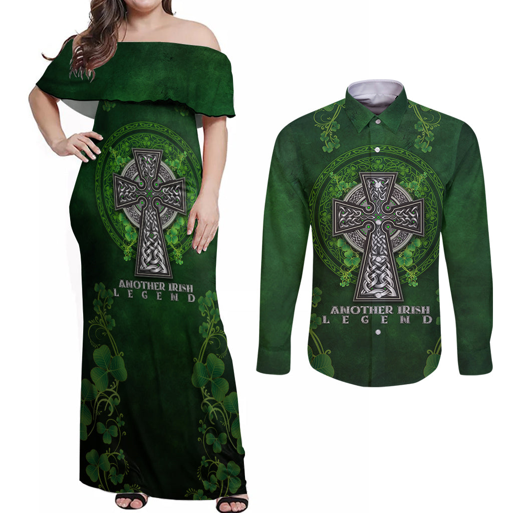 Irish Cross Mix With Shamrock Floral Couples Matching Off Shoulder Maxi Dress and Long Sleeve Button Shirt - Wonder Print Shop