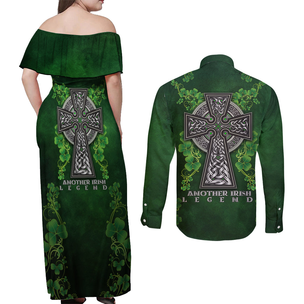 Irish Cross Mix With Shamrock Floral Couples Matching Off Shoulder Maxi Dress and Long Sleeve Button Shirt - Wonder Print Shop