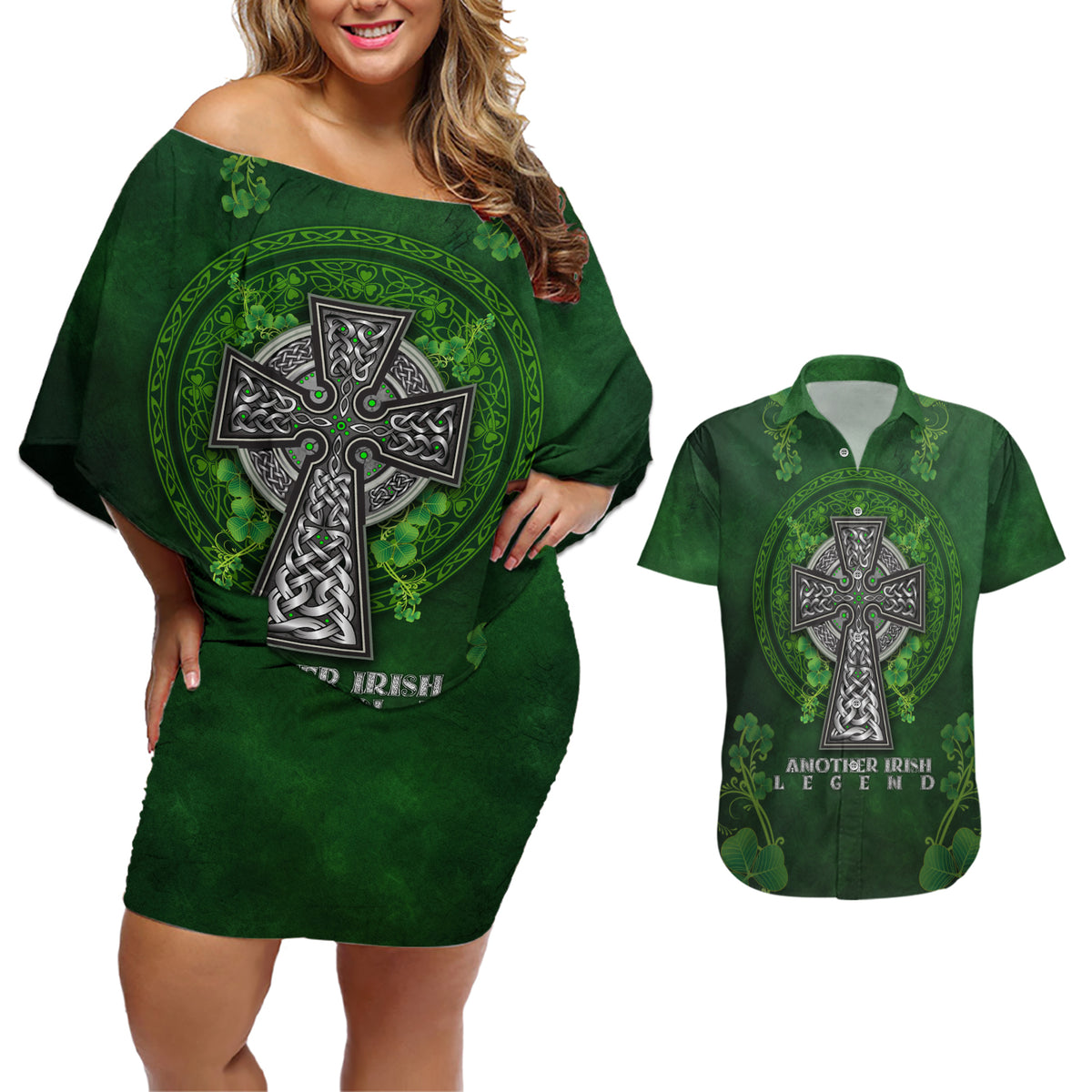 Irish Cross Mix With Shamrock Floral Couples Matching Off Shoulder Short Dress and Hawaiian Shirt - Wonder Print Shop