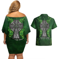 Irish Cross Mix With Shamrock Floral Couples Matching Off Shoulder Short Dress and Hawaiian Shirt - Wonder Print Shop