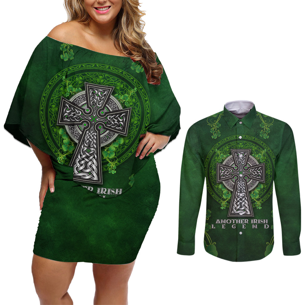 Irish Cross Mix With Shamrock Floral Couples Matching Off Shoulder Short Dress and Long Sleeve Button Shirt - Wonder Print Shop