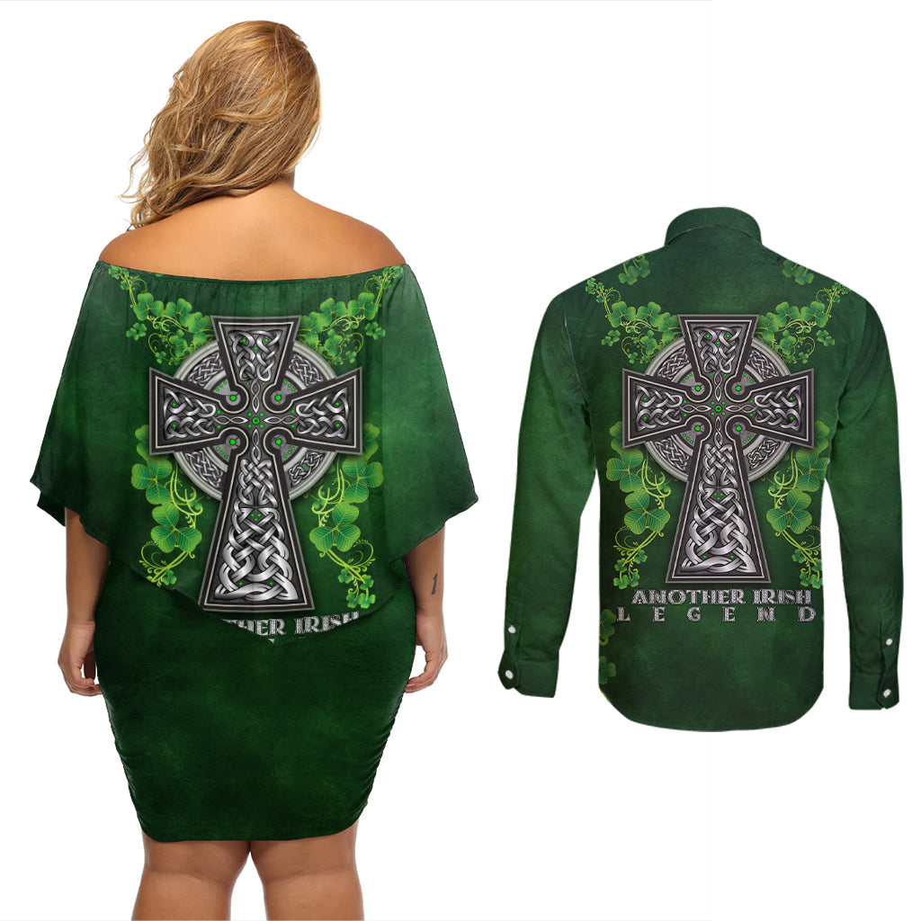 Irish Cross Mix With Shamrock Floral Couples Matching Off Shoulder Short Dress and Long Sleeve Button Shirt - Wonder Print Shop