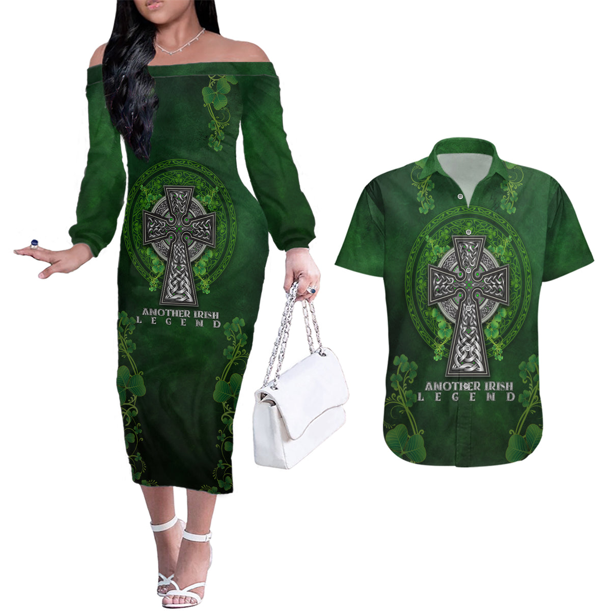 Irish Cross Mix With Shamrock Floral Couples Matching Off The Shoulder Long Sleeve Dress and Hawaiian Shirt - Wonder Print Shop