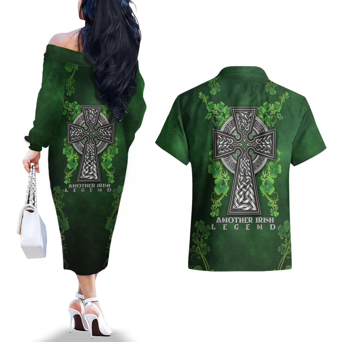 Irish Cross Mix With Shamrock Floral Couples Matching Off The Shoulder Long Sleeve Dress and Hawaiian Shirt - Wonder Print Shop