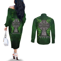 Irish Cross Mix With Shamrock Floral Couples Matching Off The Shoulder Long Sleeve Dress and Long Sleeve Button Shirt