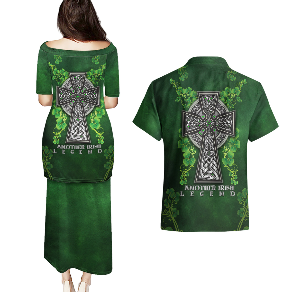 Irish Cross Mix With Shamrock Floral Couples Matching Puletasi and Hawaiian Shirt - Wonder Print Shop