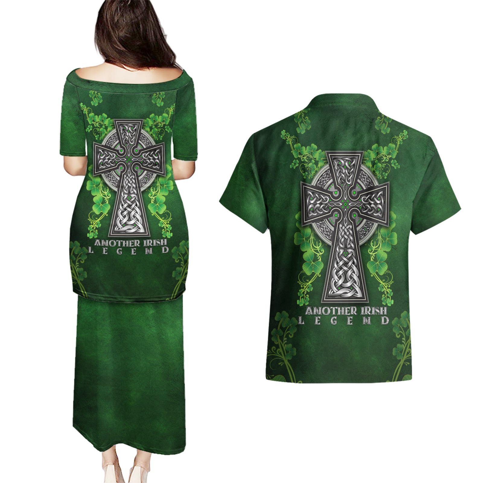 Irish Cross Mix With Shamrock Floral Couples Matching Puletasi and Hawaiian Shirt - Wonder Print Shop