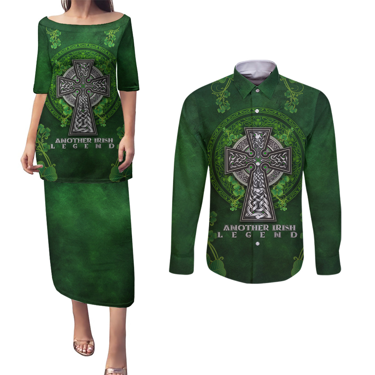 Irish Cross Mix With Shamrock Floral Couples Matching Puletasi and Long Sleeve Button Shirt - Wonder Print Shop