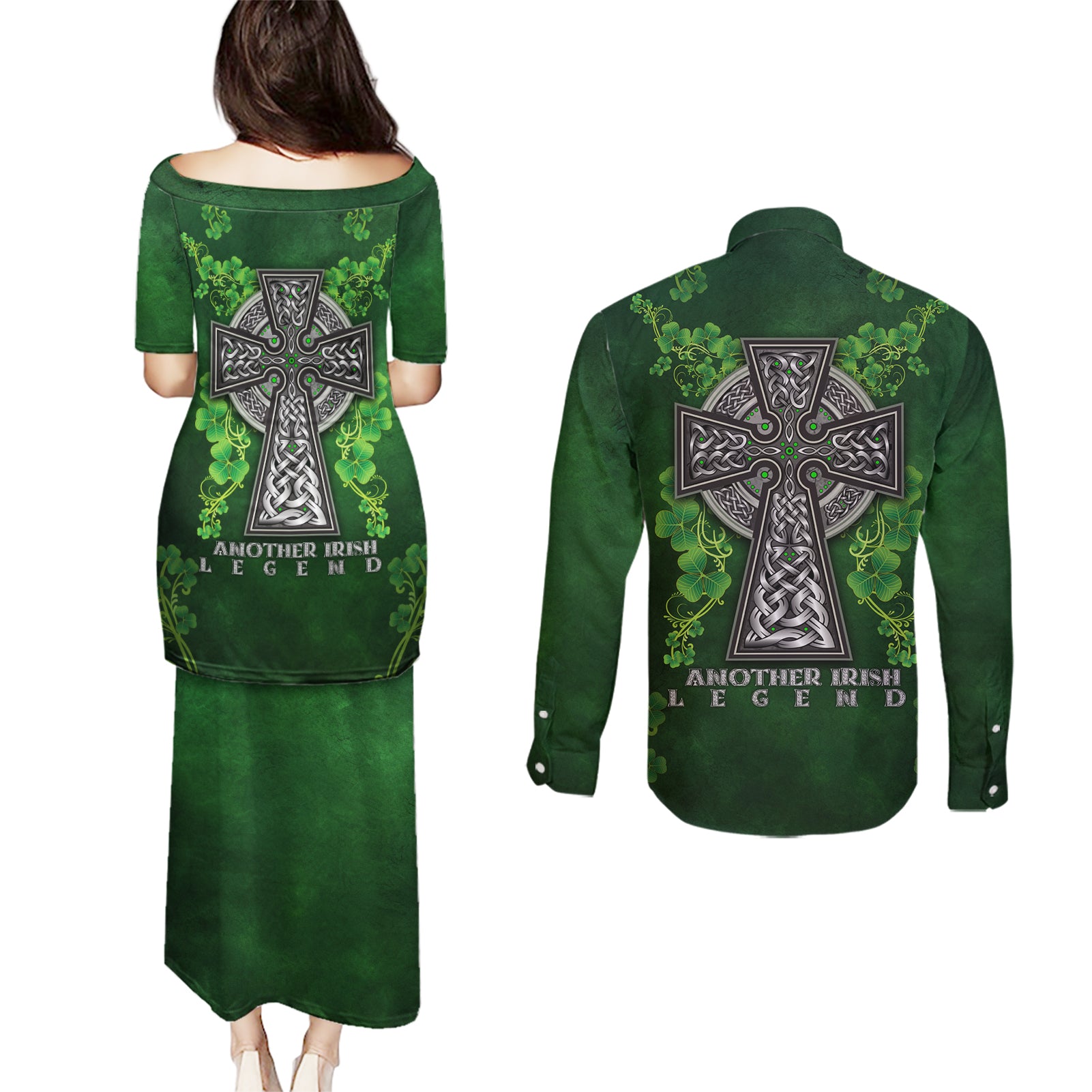 Irish Cross Mix With Shamrock Floral Couples Matching Puletasi and Long Sleeve Button Shirt - Wonder Print Shop