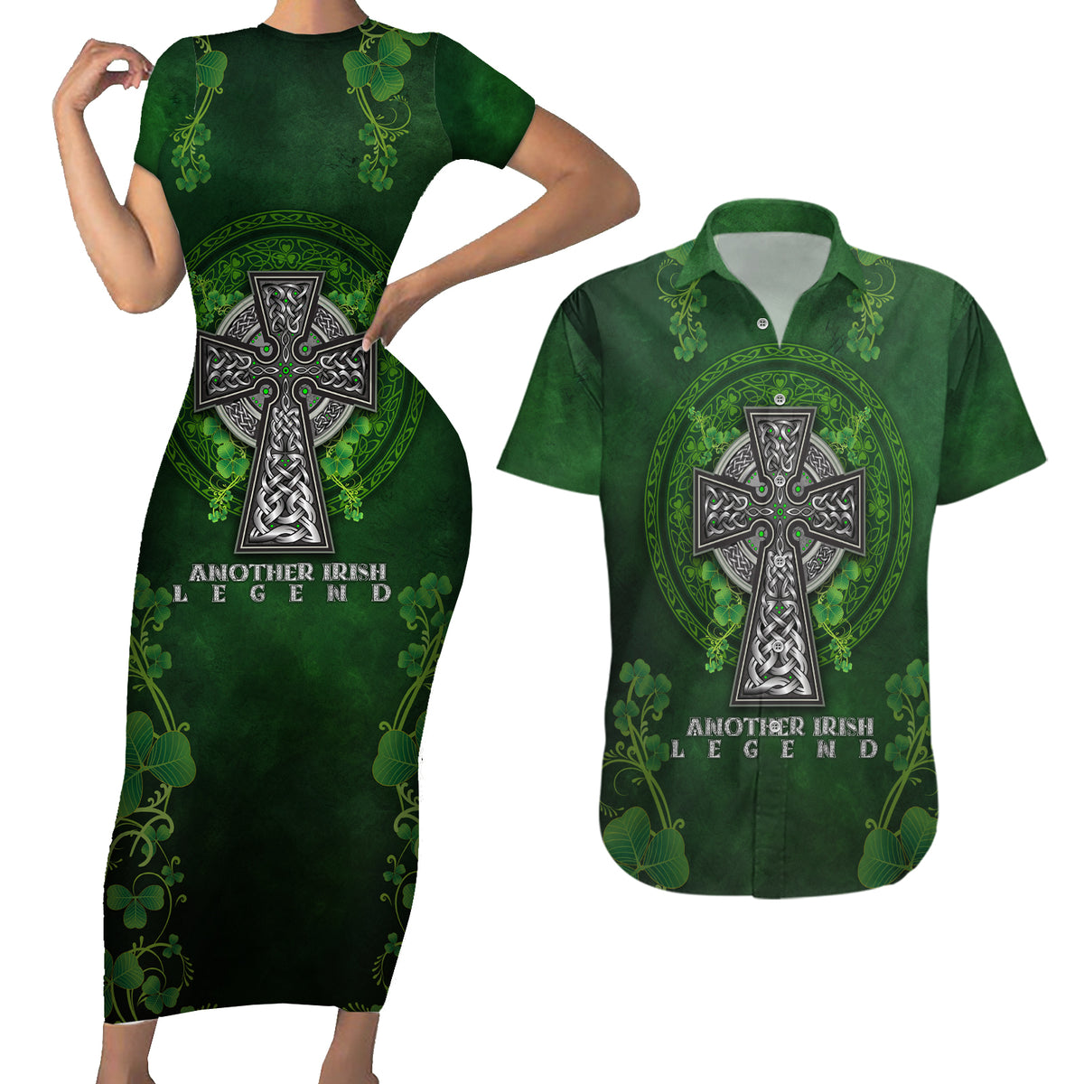 Irish Cross Mix With Shamrock Floral Couples Matching Short Sleeve Bodycon Dress and Hawaiian Shirt - Wonder Print Shop