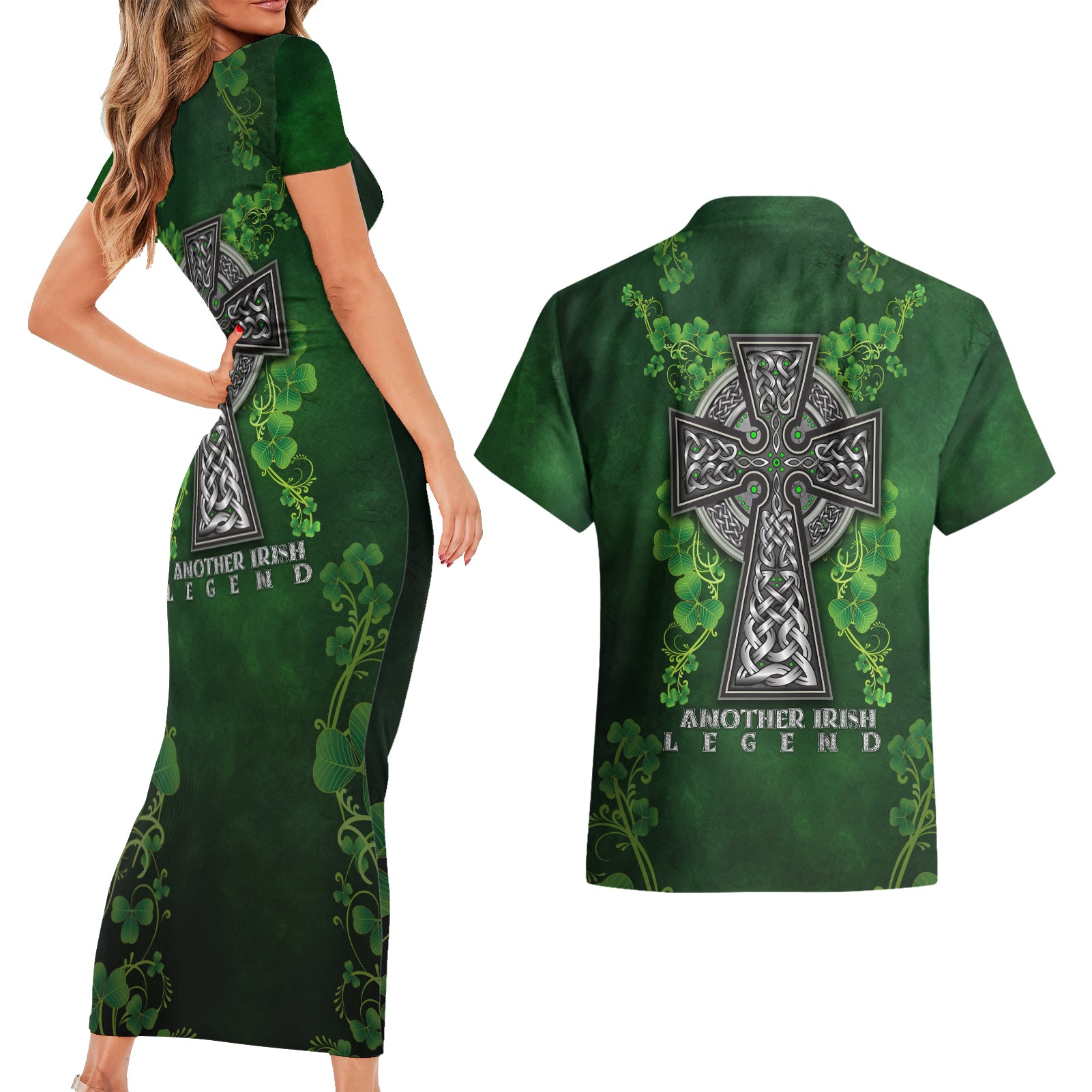 Irish Cross Mix With Shamrock Floral Couples Matching Short Sleeve Bodycon Dress and Hawaiian Shirt - Wonder Print Shop