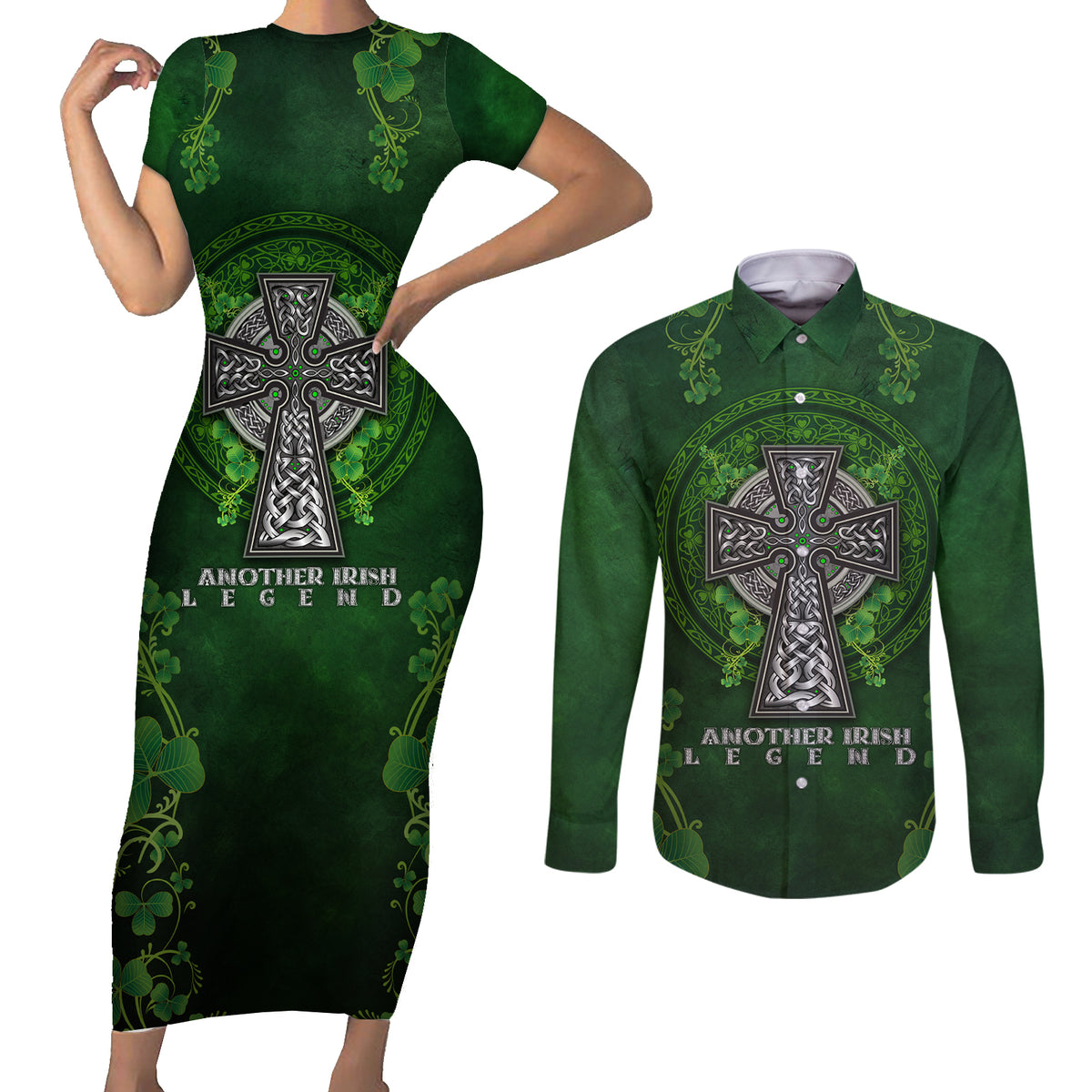 Irish Cross Mix With Shamrock Floral Couples Matching Short Sleeve Bodycon Dress and Long Sleeve Button Shirt - Wonder Print Shop