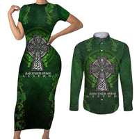 Irish Cross Mix With Shamrock Floral Couples Matching Short Sleeve Bodycon Dress and Long Sleeve Button Shirt - Wonder Print Shop