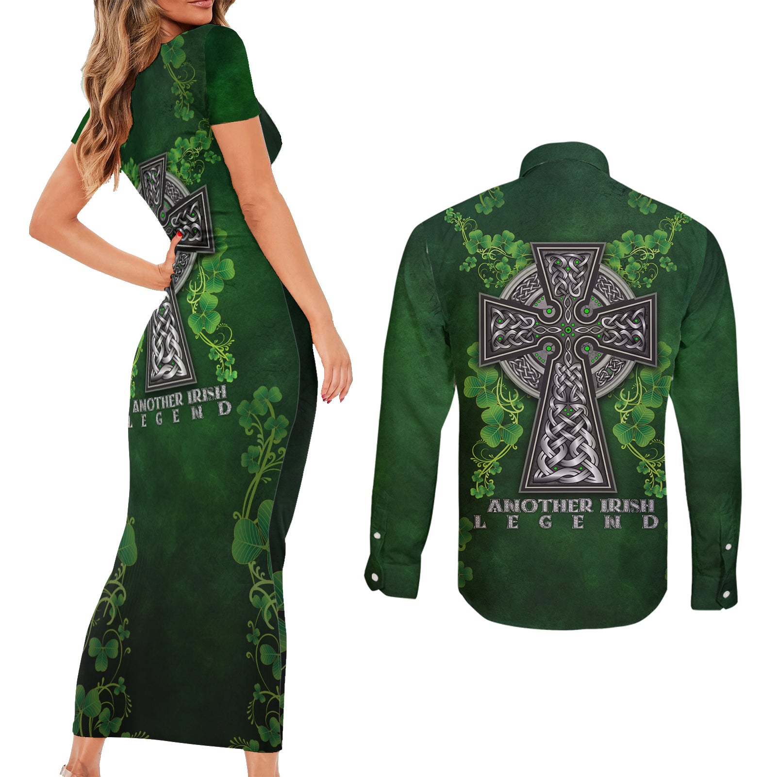 Irish Cross Mix With Shamrock Floral Couples Matching Short Sleeve Bodycon Dress and Long Sleeve Button Shirt - Wonder Print Shop
