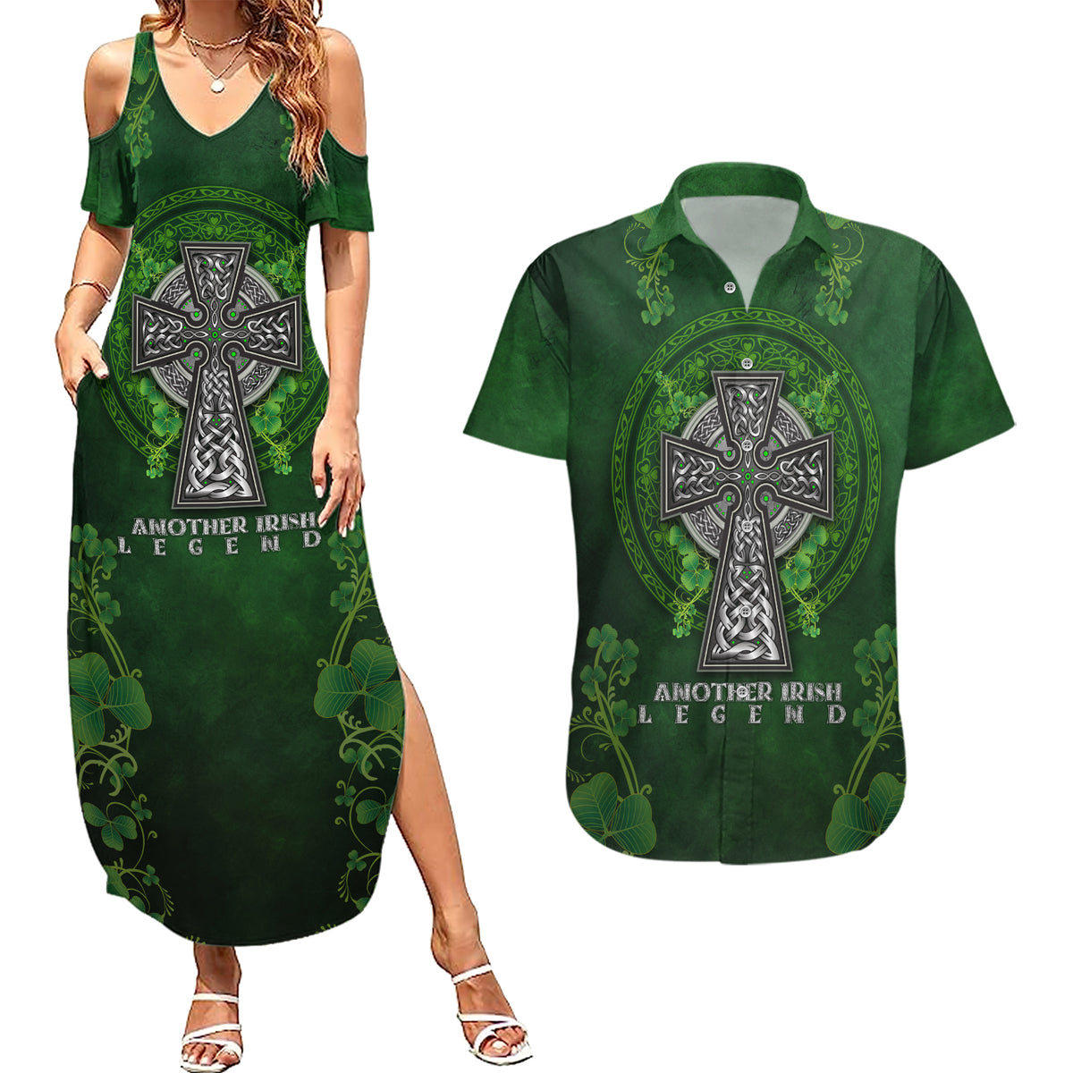Irish Cross Mix With Shamrock Floral Couples Matching Summer Maxi Dress and Hawaiian Shirt - Wonder Print Shop