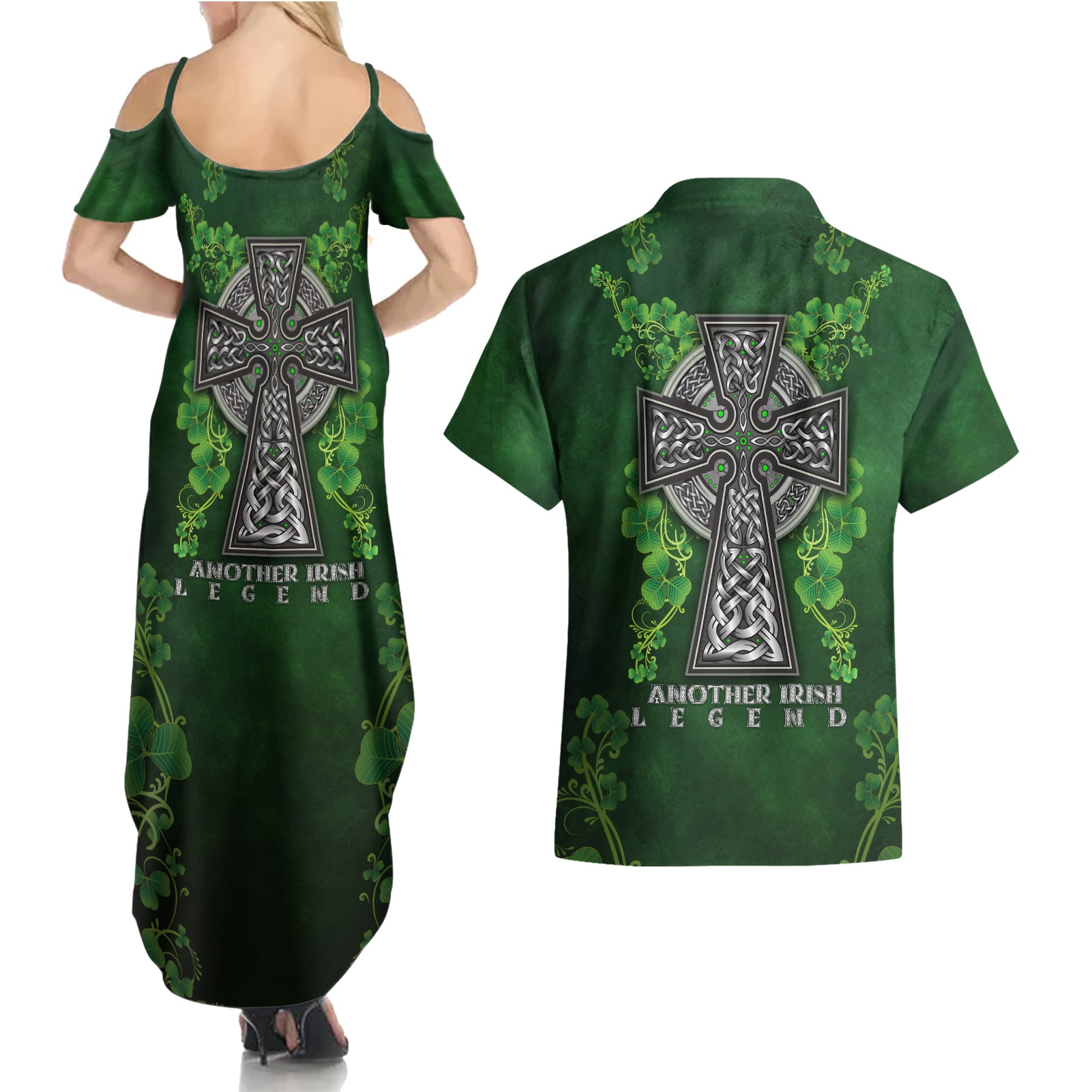 Irish Cross Mix With Shamrock Floral Couples Matching Summer Maxi Dress and Hawaiian Shirt - Wonder Print Shop