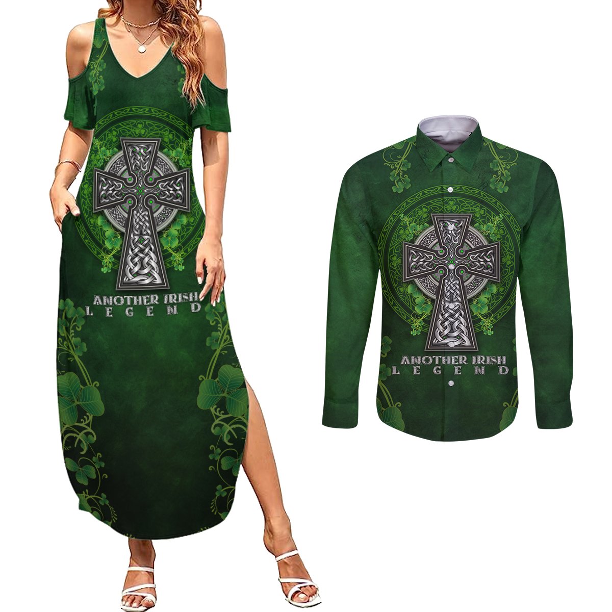 Irish Cross Mix With Shamrock Floral Couples Matching Summer Maxi Dress and Long Sleeve Button Shirt - Wonder Print Shop